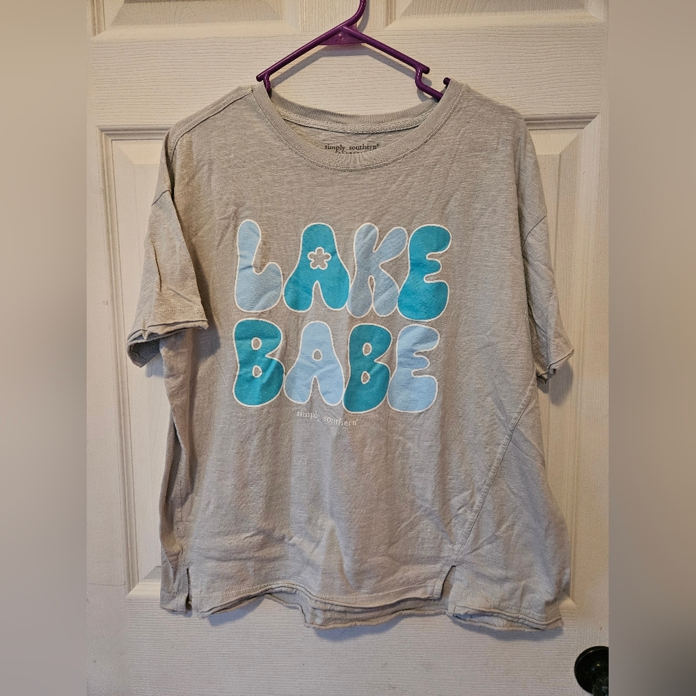 Simply Southern Gray Blouse with Blue Print